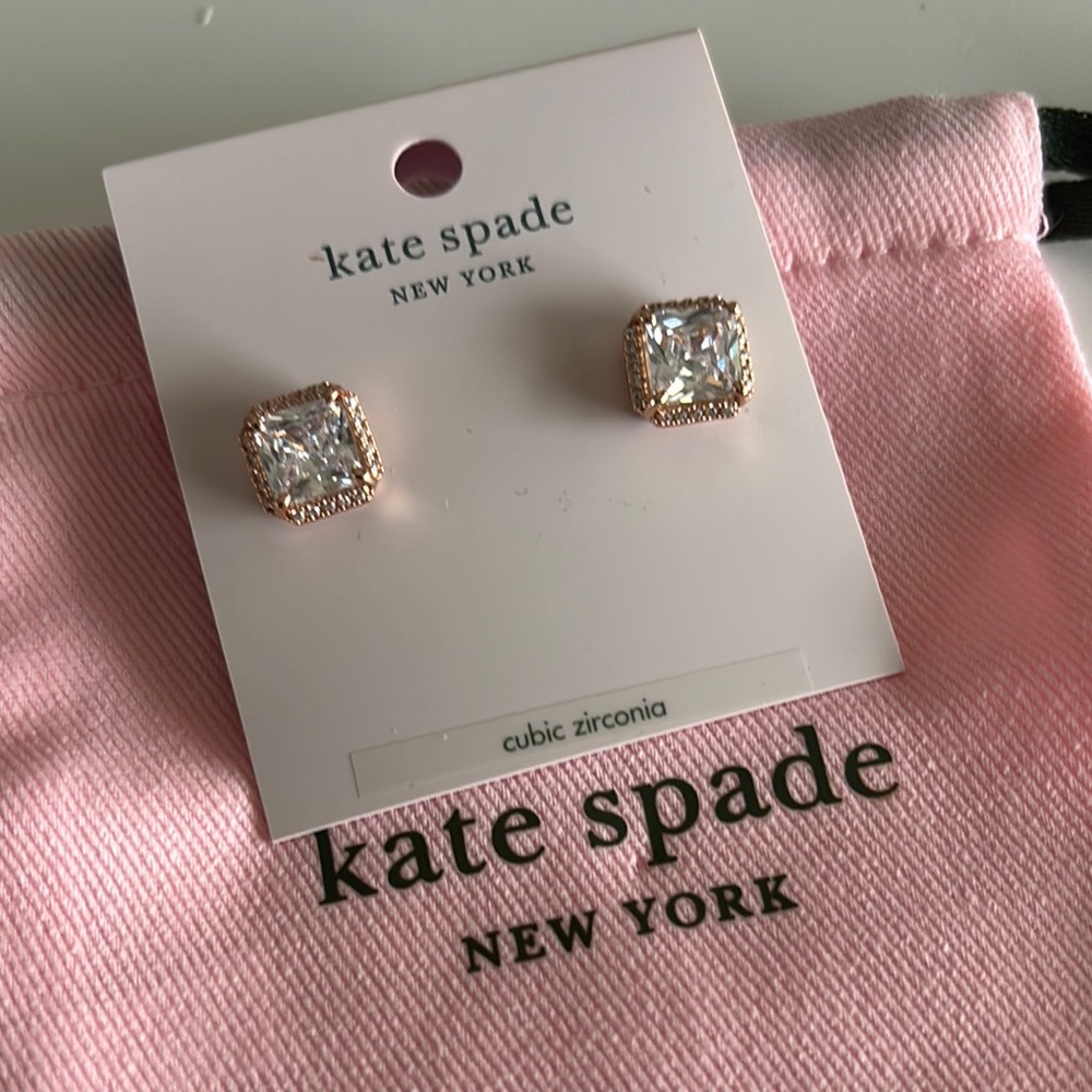 Kate Spade Rose Gold Sparkling Pave princess cut Stud Earrings